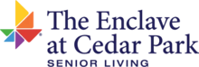 Rainbow-colored pinwheel next to dark purple The Enclave at Cedar Park logo