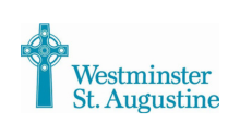 Aqua cross with white accents next to Westminster St. Augustine logo