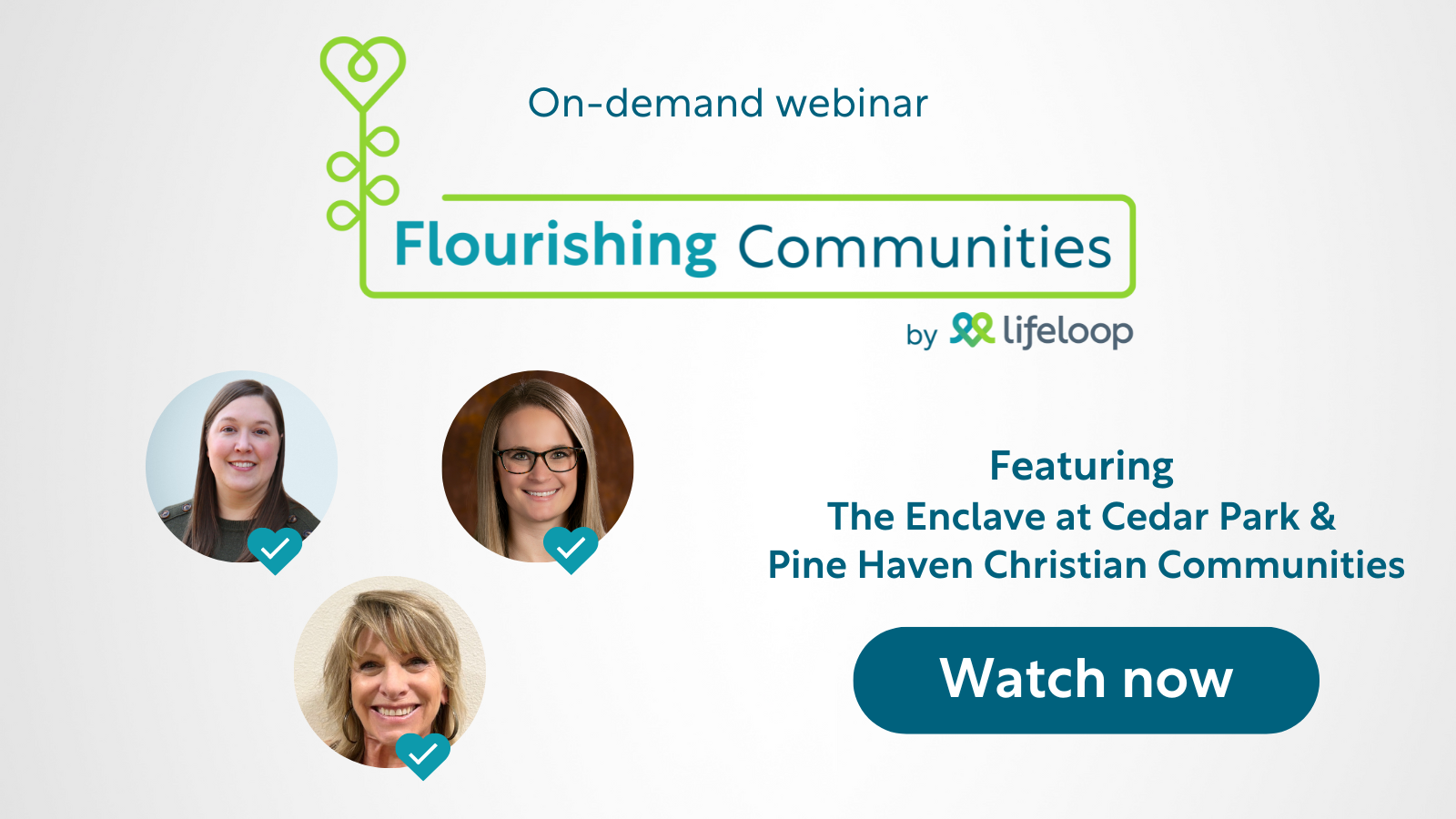 On-demand webinar promotional graphic for 'Flourishing Communities' featuring The Enclave at Cedar Park and Pine Haven