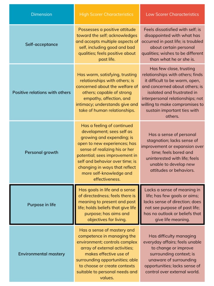 Table: Dimension, High Score Characteristics, Low Score Characteristics