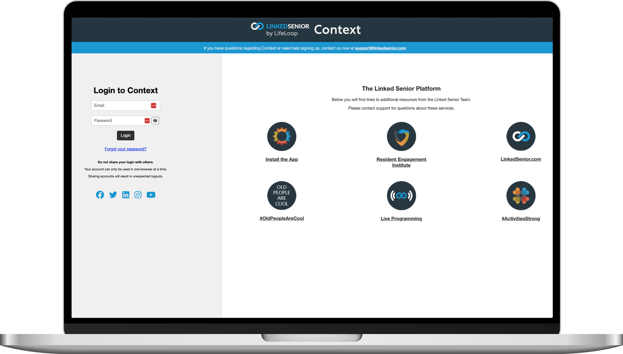 Linked Senior Login screen on a laptop