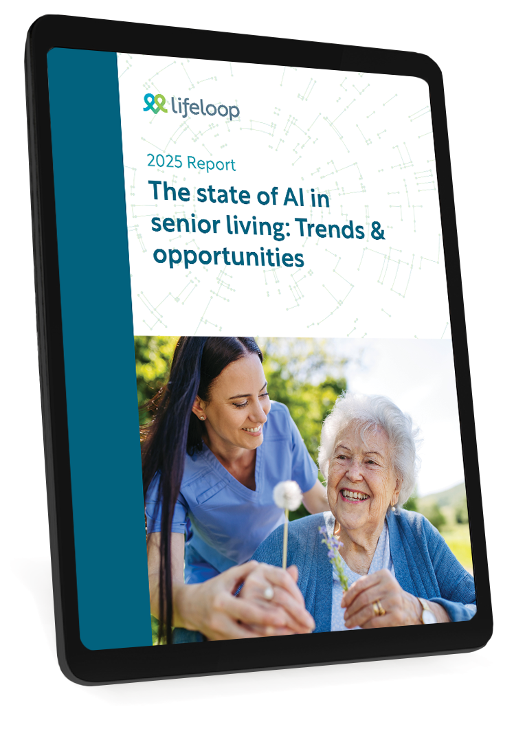 Tablet with LifeLoop's 2025 AI Report cover image